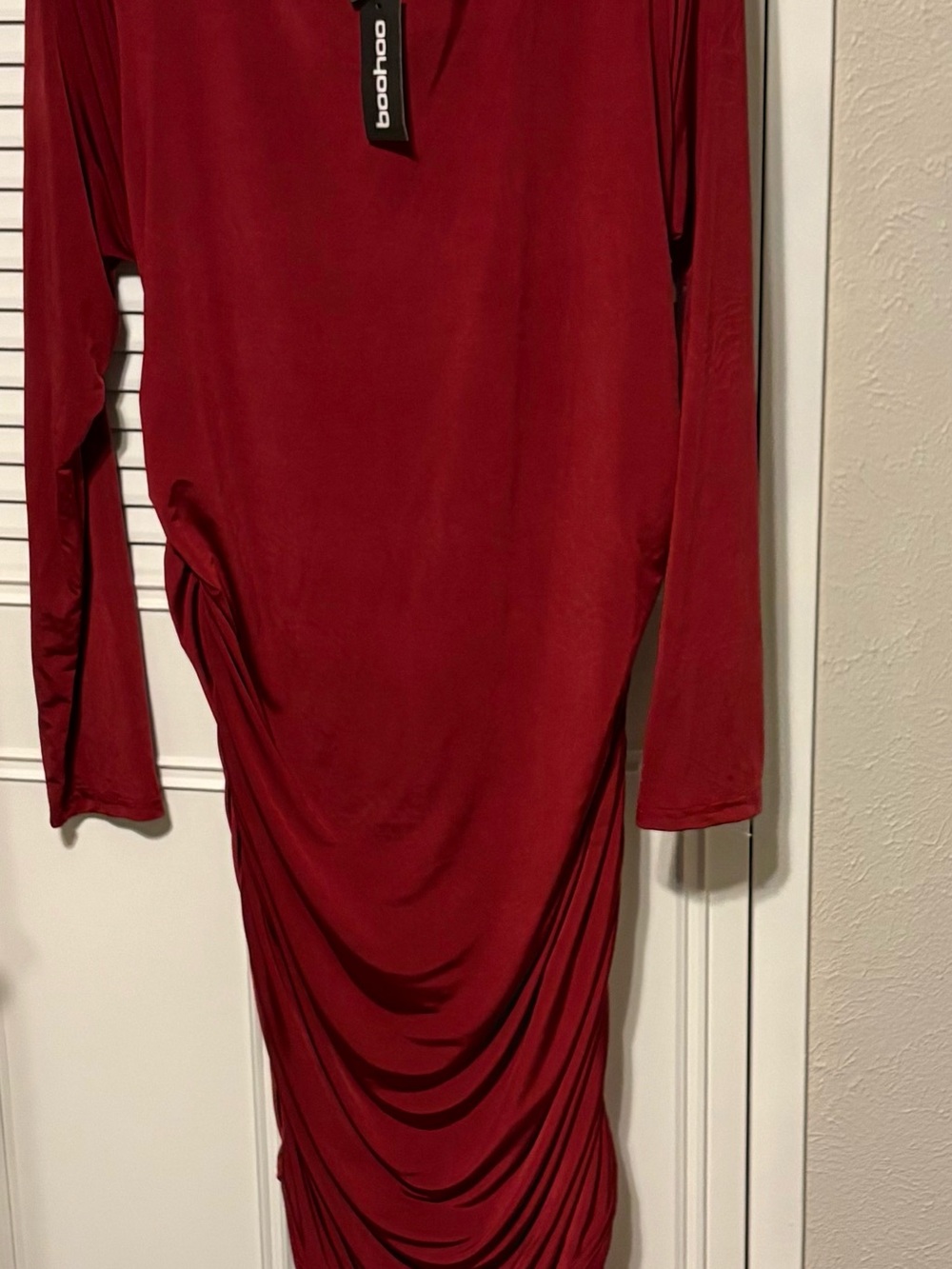 Boohoo Burgundy Long Sleeve Ruched Midi Dress